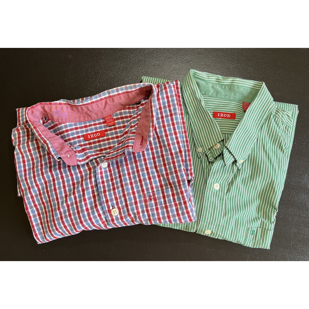 Lot Of 2 IZOD Men's 2XL Button-Down Long Sleeve Shirts Flip Cuffs Plaid Stripes